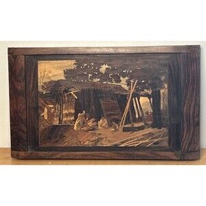 Antique Marquetry Wood Inlay Panel Picture Folk Art 11"x19" Made in India